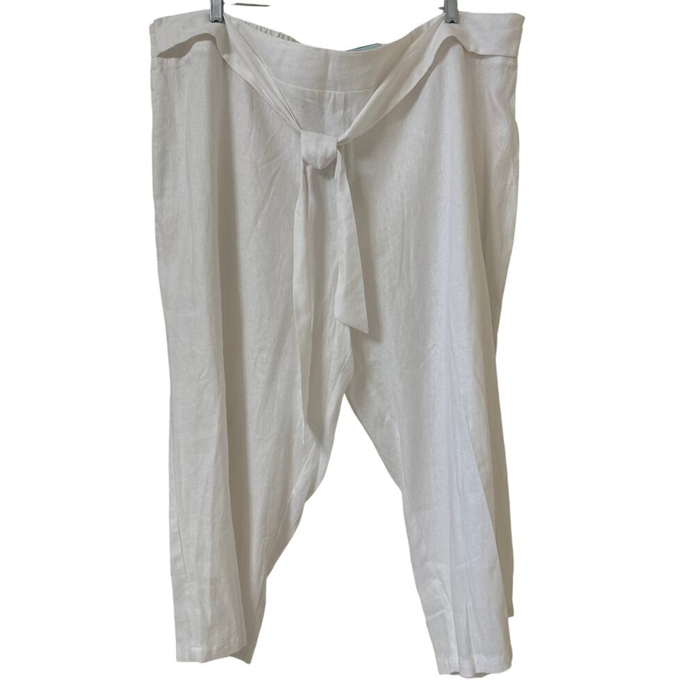 NWT Blue Sol 3X White Linen Blend Crop Pants Flat Front, Elastic Back, Tie Front